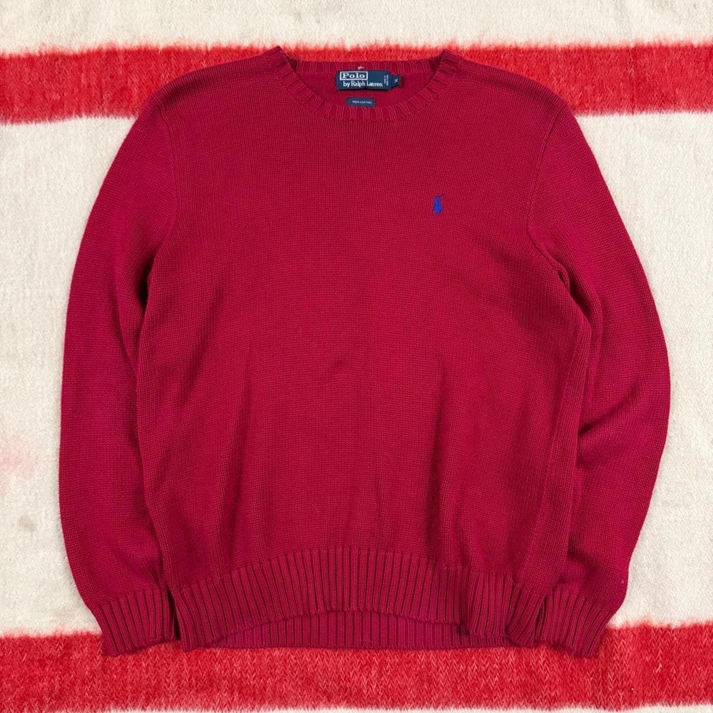 Vintage 90s Polo Ralph Lauren Red Knit Cotton Crewneck Sweater Mens Medium